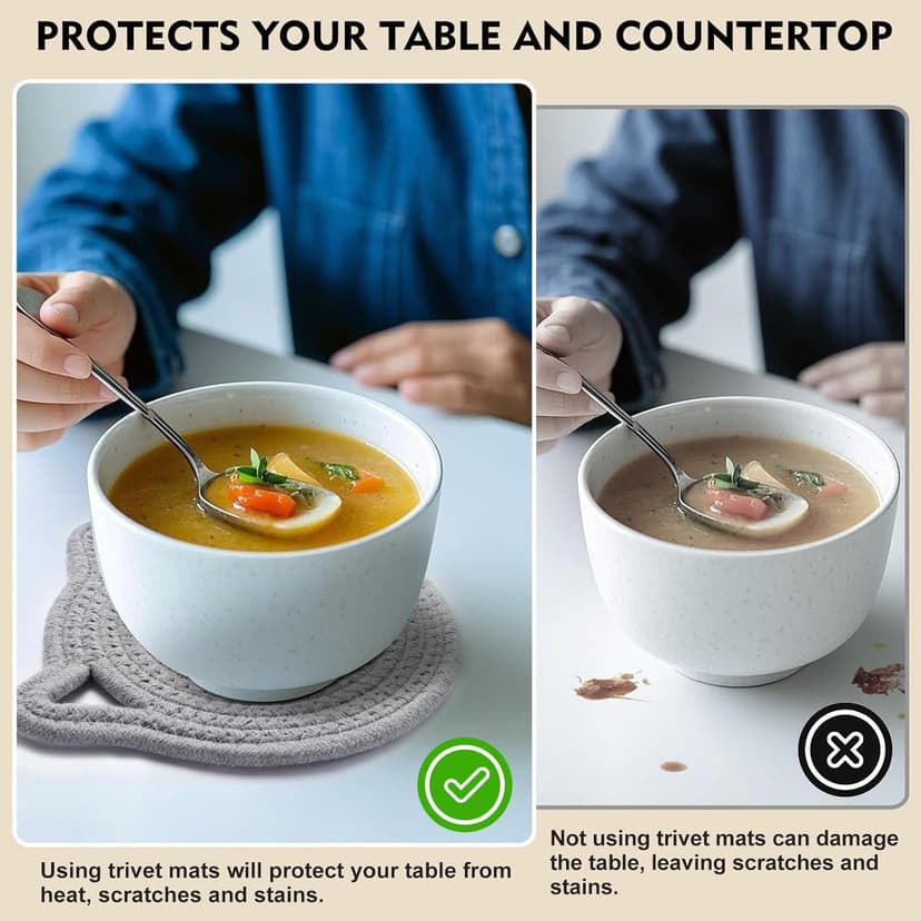 7.2 Inch Trivets for Hot Dishes, 2Pack Cotton Trivets for Hot Pots and Pans, Heat Resistant Hot Pads for Kitchen, Cat Ear Large Coaster Trivet Set, Hot Plate Mats for Kitchen Countertops (Light Gray)
