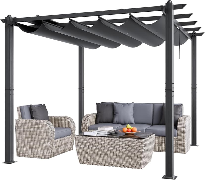 VEVOR 10'x10' Outdoor Retractable Pergola with Canopy, Aluminum Pergola with Retractable Canopy, Modern Style, Sun Shade for Patios, Gardens, Decks, Backyards (Gray)
