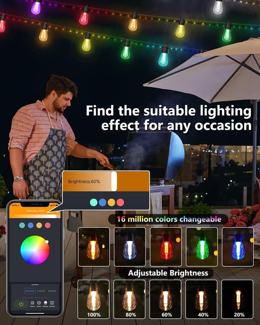 Flacchi Smart Patio Lights with Rope Fairy - 46ft Smart S14 String Lights, Waterproof Shatterproof Bluetooth APP Remote Control Dimmable for Balcony, Backyard, Party, Holiday (RGB & Warm White)