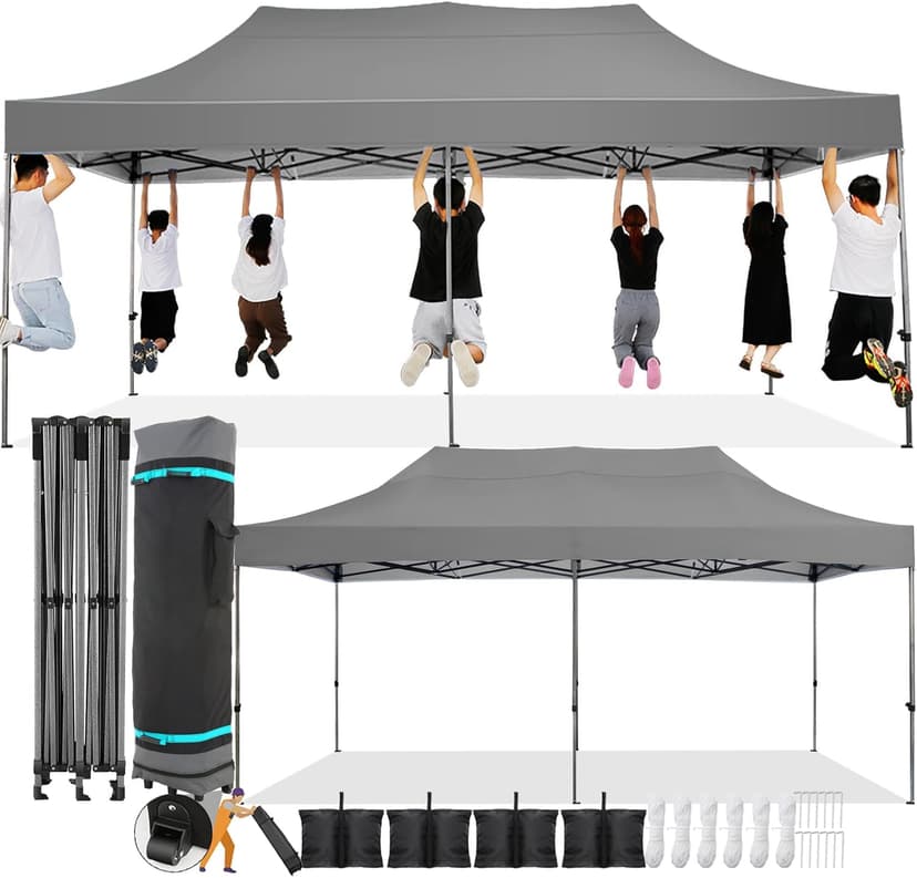 COBIZI 10x20 Pop Up Canopy Without Sidewall,Heavy Duty Canopy UPF 50+ All Season Wind Waterproof Commercial Outdoor Wedding Party Tents for Parties Canopy Gazebo with Roller Bag(10 x 20 ft Gray)