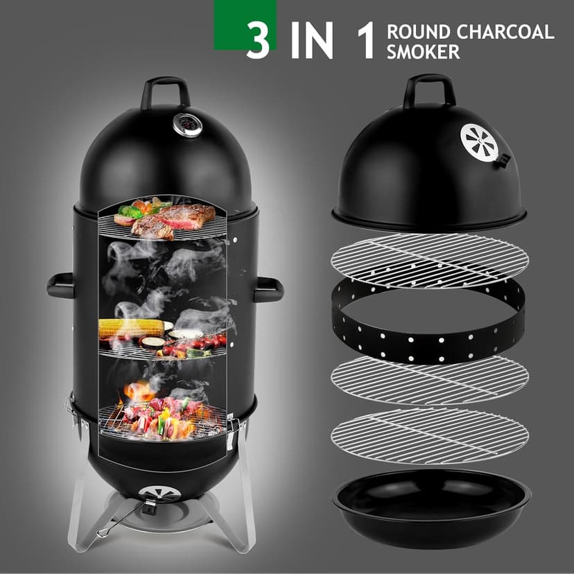 Outvita Vertical 18.8 Inch Steel Charcoal Smoker, Heavy Duty 3-in-1 Portable Outdoor Grill Cooker with Built-in Thermometer for Outdoor Backyard Cooking Grilling Camping