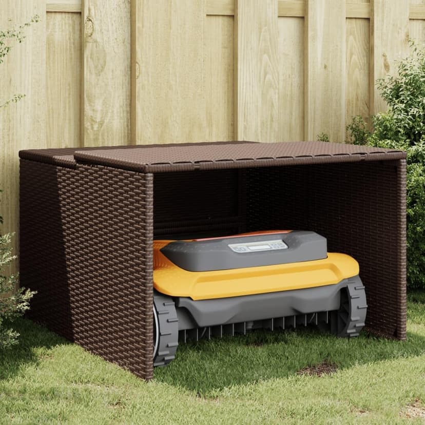 vidaXL Robot Mower Garage - Brown Poly Rattan, Weather-Resistant Storage Shed, 33.9"x35.4"x20.5"/22.4" for Garden Robotic Lawn Mower