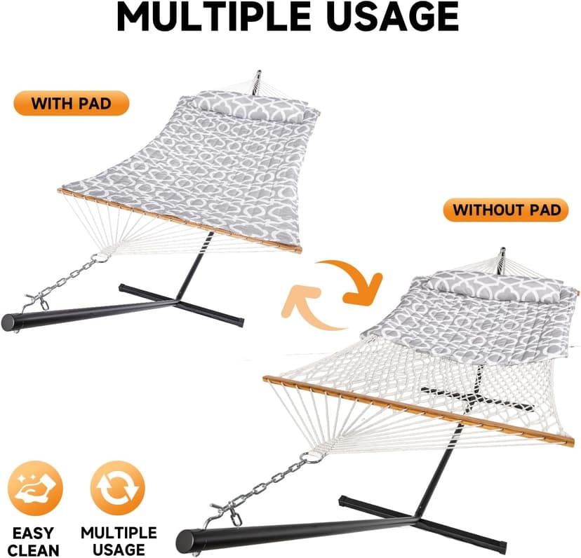 Double Hammock with Stand, 2 Person Cotton Rope Hammock with Removable Polyester Pad, 500LBS Capacity, Portable & Adjustable Design, Includes Storage Bag, Indoor Outdoor Use,White-Gray