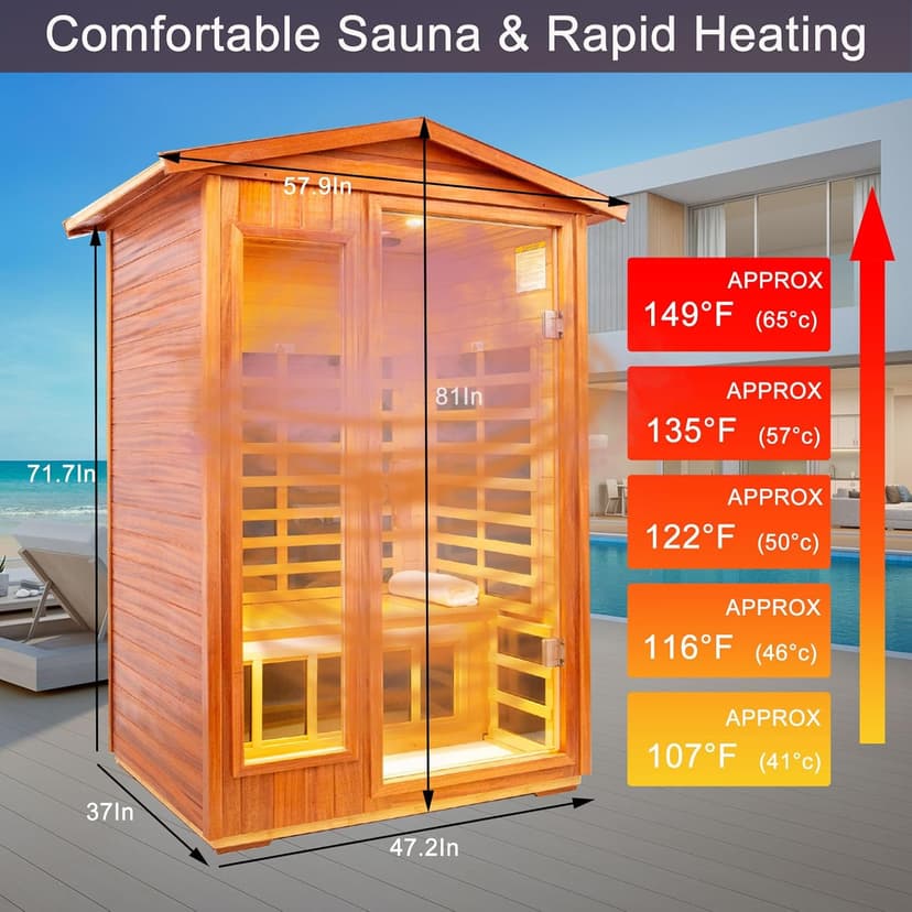 Outdoor Sauna 2 Person Infrared Sauna Far Infrared Saunas for Home 0－5 mg Low EMF Home Sauna Spa Mahogany Wood Sauna Room with Bluetooth Speakers, LED Reading Lamps, Chromotherapy Lights