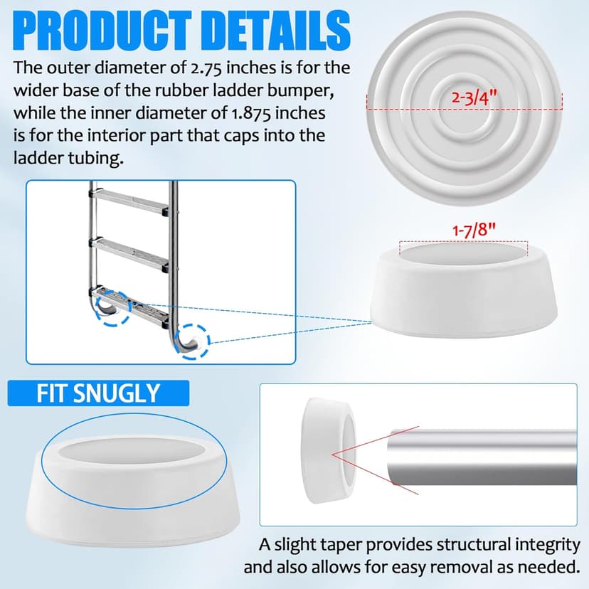 TonGass Outside Pool Ladder Bumpers for Inground Pools - 2-Pack White Rubber End Caps Fit 1.9" Standard Swimming Tubing - Bumper Caps for Step Ends