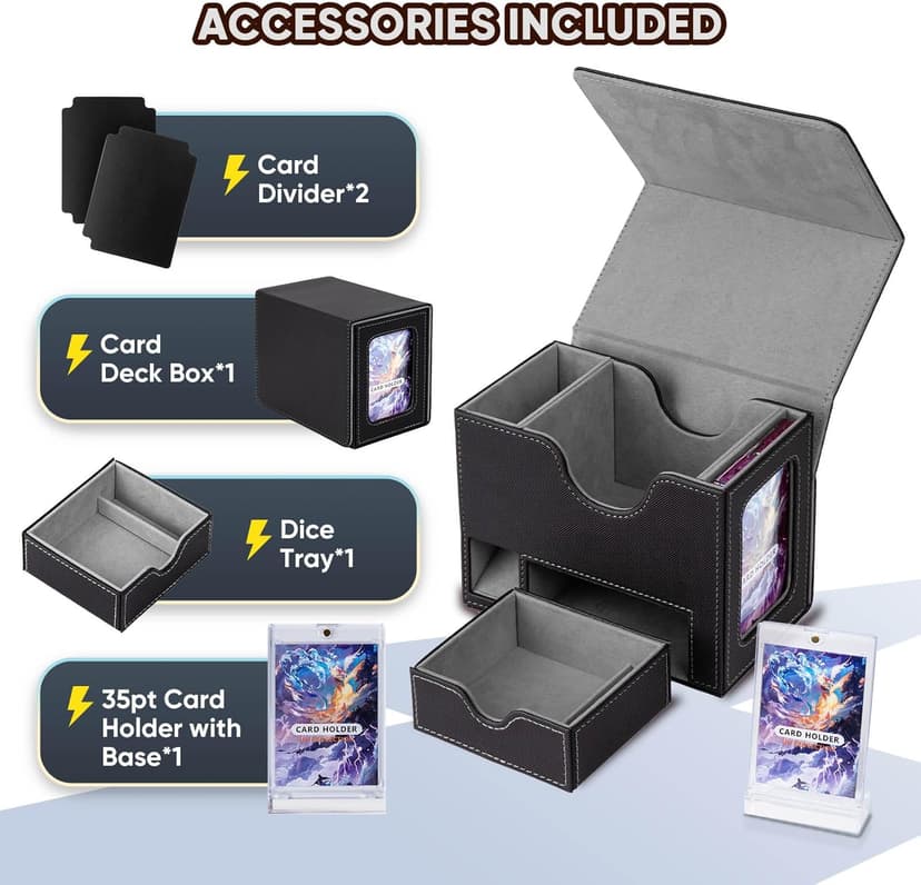 Flooyes MTG Commander Deck Box, Card Storage Box Fits 100 Double-Sleeved Cards, 35pt Card Brick, Dice Tray & Dice Pool, PU Leather Strong Magnet Card Deck Case for Magic Commander TCG CCG, Black/Grey