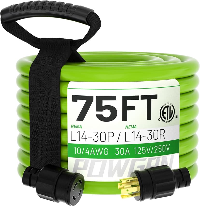 75Feet 30 Amp Generator Extension Cord 4 Prong,Heavy Duty NEMA L14-30P/L14-30R,125/250V 7500W,Green 10 Gauge STW Twist Locking Generator to House Power Cords with Cord Organizer,ETL Listed