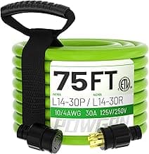 75Feet 30 Amp Generator Extension Cord 4 Prong,Heavy Duty NEMA L14-30P/L14-30R,125/250V 7500W,Green 10 Gauge STW Twist Locking Generator to House Power Cords with Cord Organizer,ETL Listed