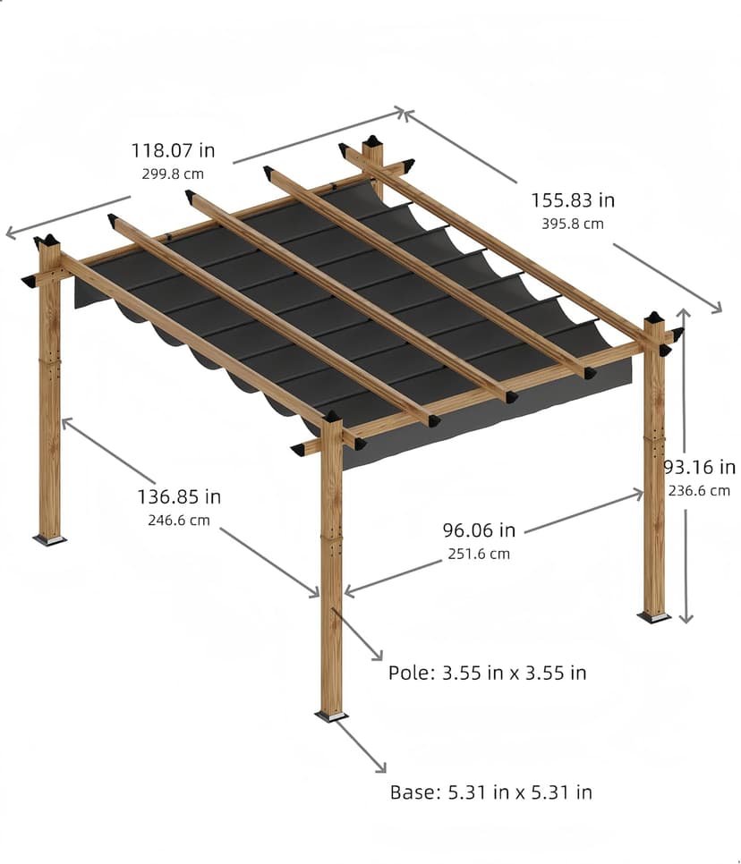 10 x 13 Ft Wood-Grain Aluminum Pergola Outdoor Pergola with Retractable Canopy Sun Shade Shelter for Garden, Patio, Backyard, Deck - Gray