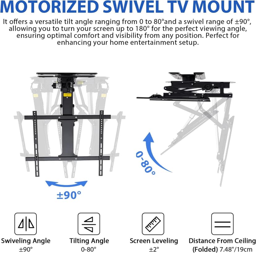 TOPSKY Electric Adjustable Flip Down Swiveling TV Mount with Remote and App Controller, Large Motorized Ceiling Mount for 32 to 75 Inch Flat and Curved Screen TVs (Black)