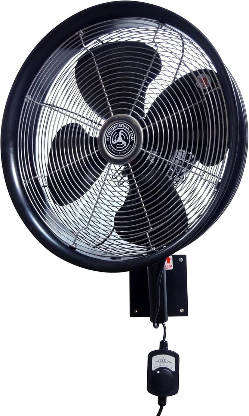Hydromist Oscillating Wall Mounted Outdoor-Rated Fan, 3-Speed Cord Control, Hard Resin Fan Blade with Mounting Bracket and Black Cover, 18”, Metallic Silver