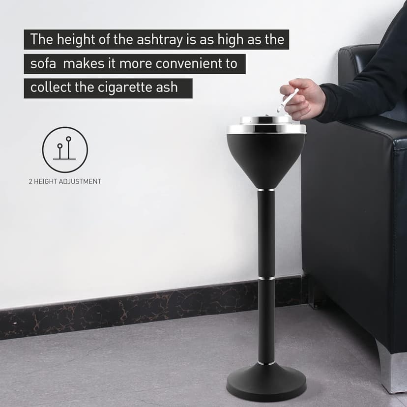 Standing Ashtray Outdoor for Patio, Large & Tall Outside Ash Tray for Cigarette Butt Receptacle Disposal, Commercial Metal Smokers Cigar Ashtrays Container with Lid, Matte Black, B01DK