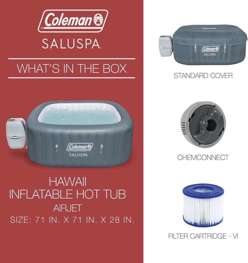 Coleman SaluSpa AirJet 4 to 6 Person Inflatable Hot Tub Square Portable Outdoor Spa with 114 Soothing AirJets and Insulated Cover, Gray