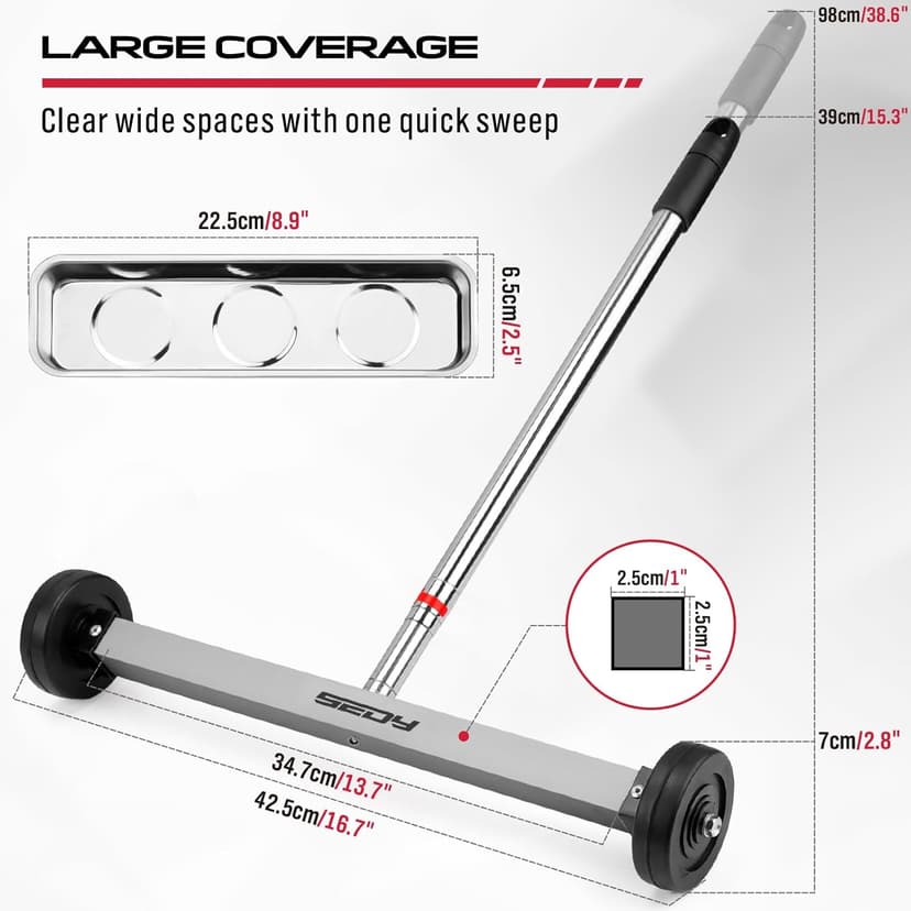 Magnet Sweeper Magnetic Nail Roller: 17-Inch Heavy Duty Magnet Nail Pickup Rolling Tool with Telescoping Adjustable Handle 8.8-Pound Capacity Ideal for Workshop Garage Yard Construction Cleanup