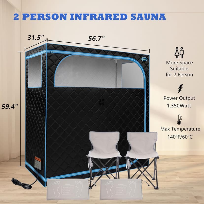 2 Person Infrared Sauna | Full Size Portable Sauna Tent | FAR Infrared Sauna for Home, 1,350watt, Home Saunas with Heating Foot Pad*2, Portable Chair*2, (L56.7 x W31.5 x H59.4, Black)