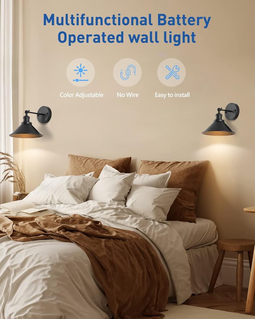 Black Vintage Wireless Battery Operated Wall Sconces, Industrial Cordless Battery Powered Led Wall Lights Set of 2, Wall Lamp Fixture Indoor with Remote Control for Bedroom Farmhouse Gallery