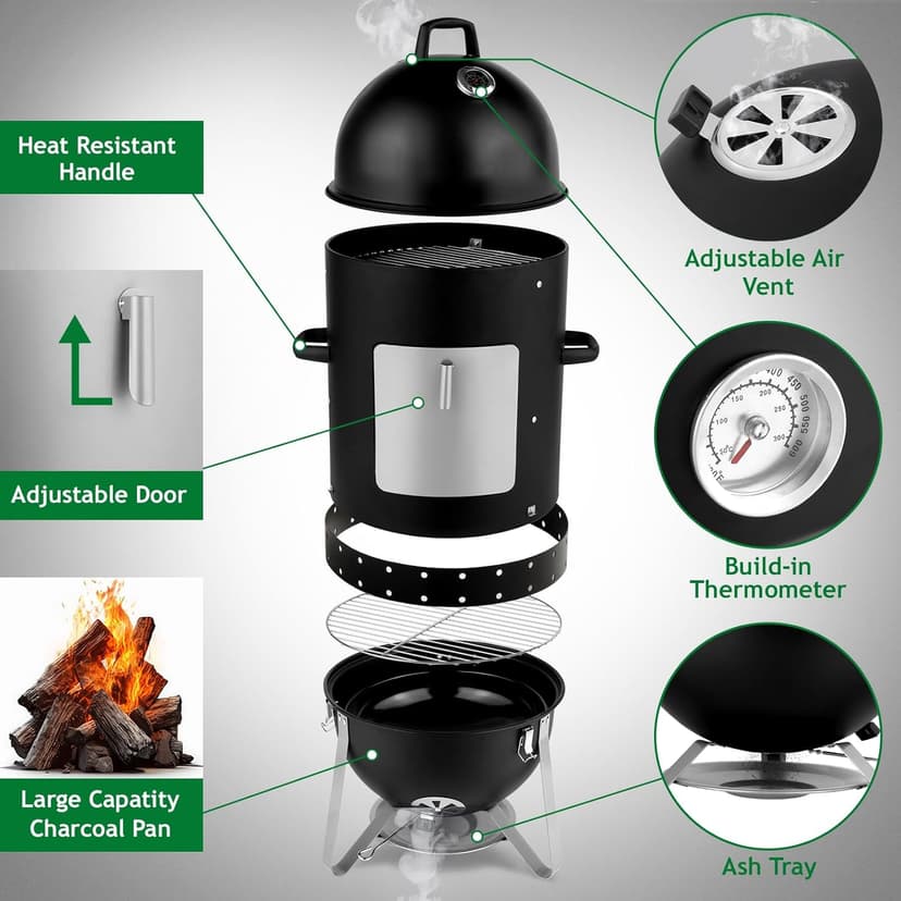 Outvita Vertical 18.8 Inch Steel Charcoal Smoker, Heavy Duty 3-in-1 Portable Outdoor Grill Cooker with Built-in Thermometer for Outdoor Backyard Cooking Grilling Camping