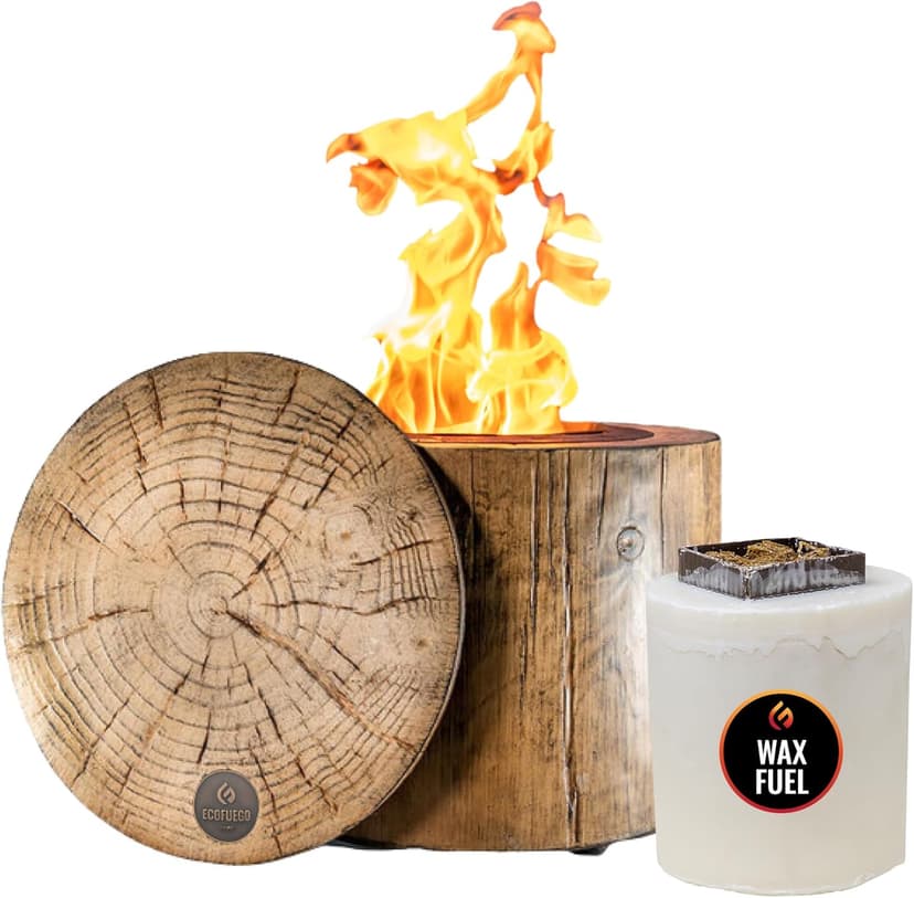 El Fuego Portable Wax Burning Fire Pit - Easy Start, Clean-Burning, No Wood Smoke with 8-Hour Starter Wax Fuel for Interval Burning - Ideal for Patios, Camping and Outdoor Use - Wood Pattern, Brown