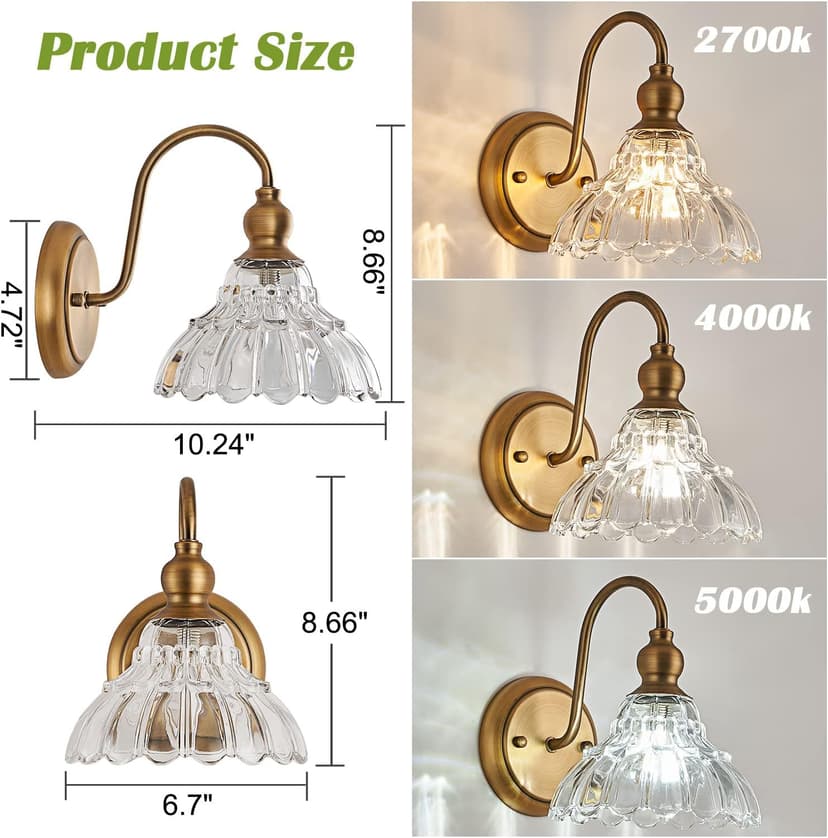 Vintage Brass Wall Sconce Bronze Bathroom Wall Light Made of Electroplated Copper Body and Pressed Patterned Glass Retro Vanity Lights for Bedroom, Doorway, Hallway