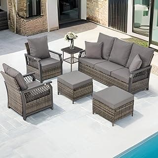 6 Piece Outdoor Patio Furniture Set, Patio Conversation Sets Outdoor Sectional Furniture with Adjustable Backrest and Comfy Cushions for Garden, Porch, Backyard(Grey Wicker, Grey Fabric)
