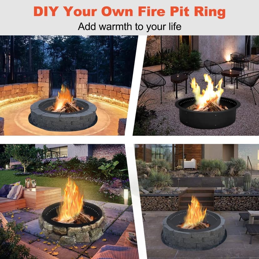 Koutemie Outdoor Smokeless Fire Pit Ring Liner 40-Inch Outer/36-Inch Inner Diameter, Heavy Duty Solid Metal Steel Round Firepit Rim Insert for Outside DIY Campfire Ring Above or In-Ground, Black
