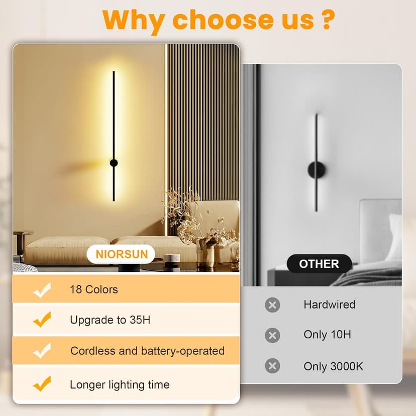 NIORSUN 40 Inch Battery Operated Wall Sconce Set of 2,Black Minimalist Rechargeable LED Wall Lights with Remote, 18 Colors Dimmable Wireless Wall Lamp for Living Room Bedroom Hallway