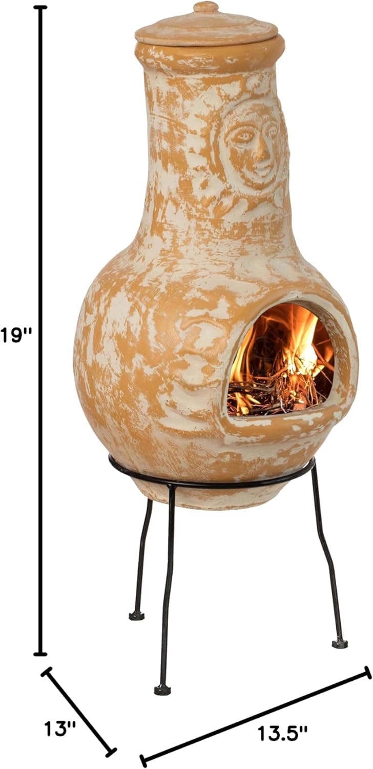 Outdoor Clay Chiminea Fireplace Sun Design Wood Burning Fire Pit with Sturdy Metal Stand, Barbecue, Cocktail Party, Cozy Nights Fire Pit (Beige)