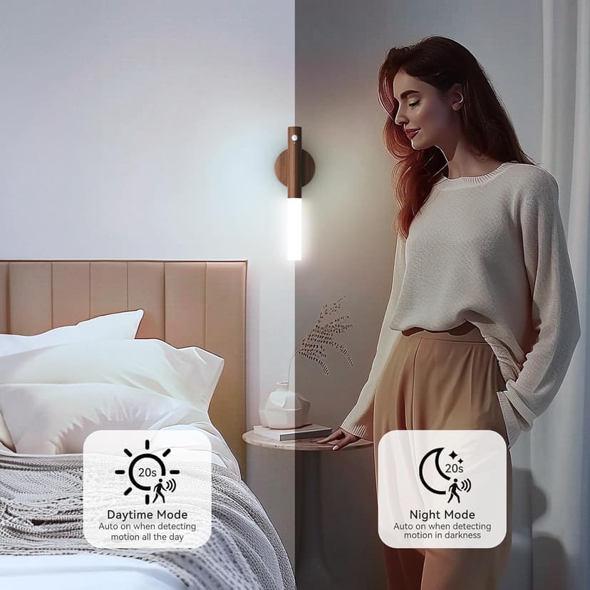 Battery-Operated Wall Sconce Wall Lights: 2200mAh Rechargeable Motion Sensor Magnetic Wireless Stairway Lights Portable Hallway Light Wooden Wall Lighting for Bedroom Stair(White Light)