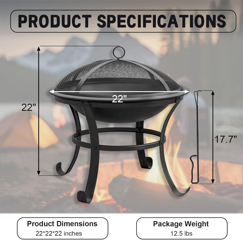 22 in Outdoor Small Fire Pit,Durable firepit with Mesh Lid,Log Grate,and Fire Poker,Fire Pits for Outside Backyard.Deck.Camping and Picnic