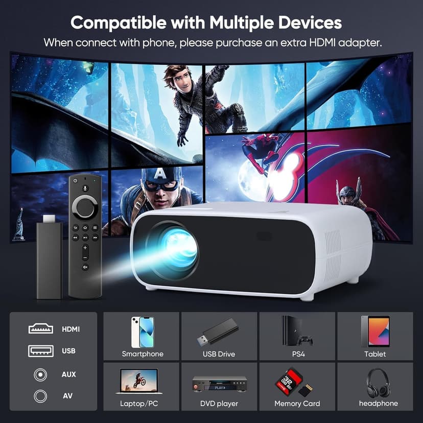 Projector with WiFi and Bluetooth, 500Ansi Native 1080P Projector,Portable Outdoor Projector, Movie Mini Projector Compatible with iOS/Android/HDMI/ TV Stick