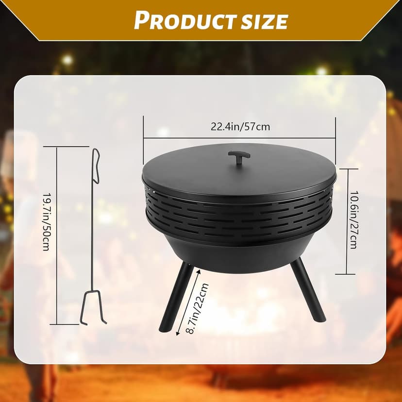 3-in-1 Fire Pit with Grill & Lid, 23" Outdoor Fire Pit Table, Cast Iron Wood Burning Firepit, Heavy Duty Fire Bowl for Outside Patio, Backyard Fireplaces, Large BBQ Pit Table with Fire Poker