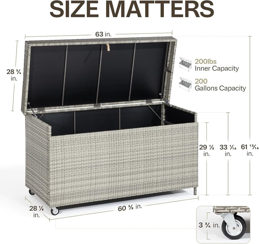 Idzo Outdoor Wicker Storage Box, 1000 Hours UV Wicker Cushion Storage Box for Patio Durable Against Weather, 200 Gallon Extra Large Deck Box, Soft-Close Hinge Included - Light Gray