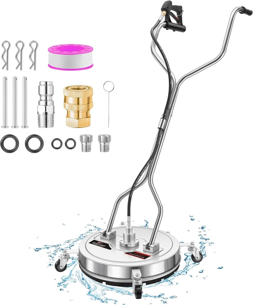 20" Pressure Washer Surface Cleaner with 4 Wheels - Stainless Steel Dual Handle Surface Cleaner for Pressure Washer Attachment for Concrete, Patio, Sidewalk, Deck and Driveways