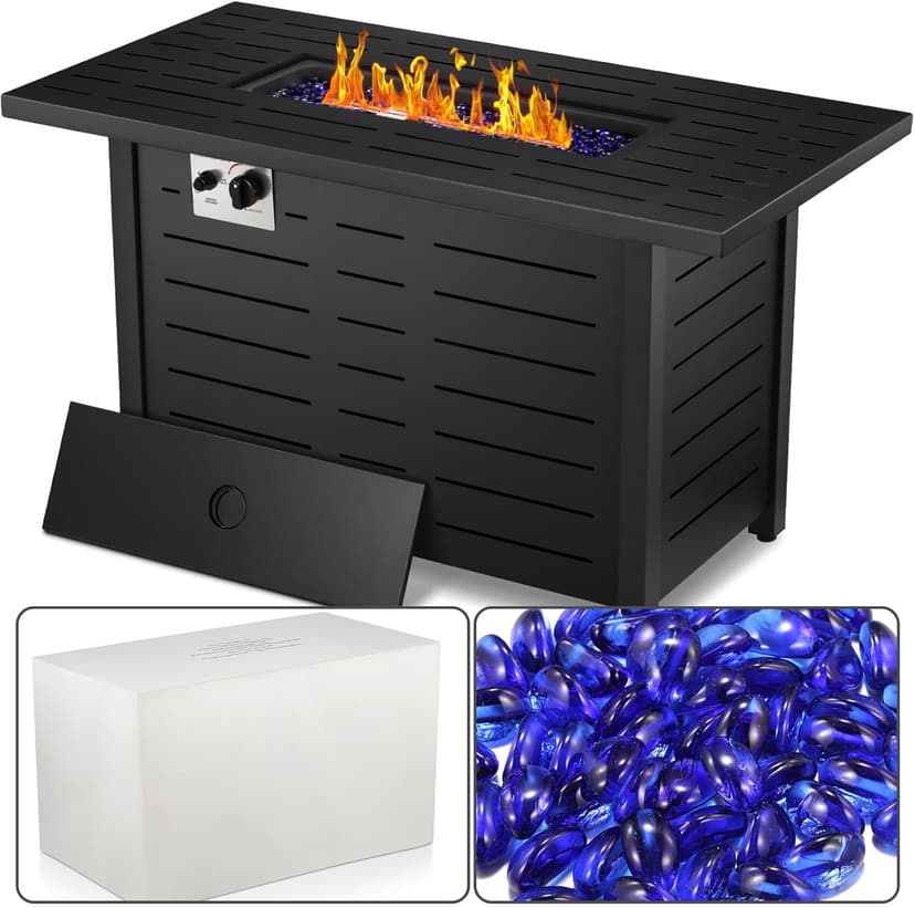 Xbeauty Propane Fire Pit Table, 42" Outdoors Gas Fire Pit Table, 50,000 BTU Auto-Ignition Fire Tables with Lid, Outside Garden Backyard Deck Patio (Square)