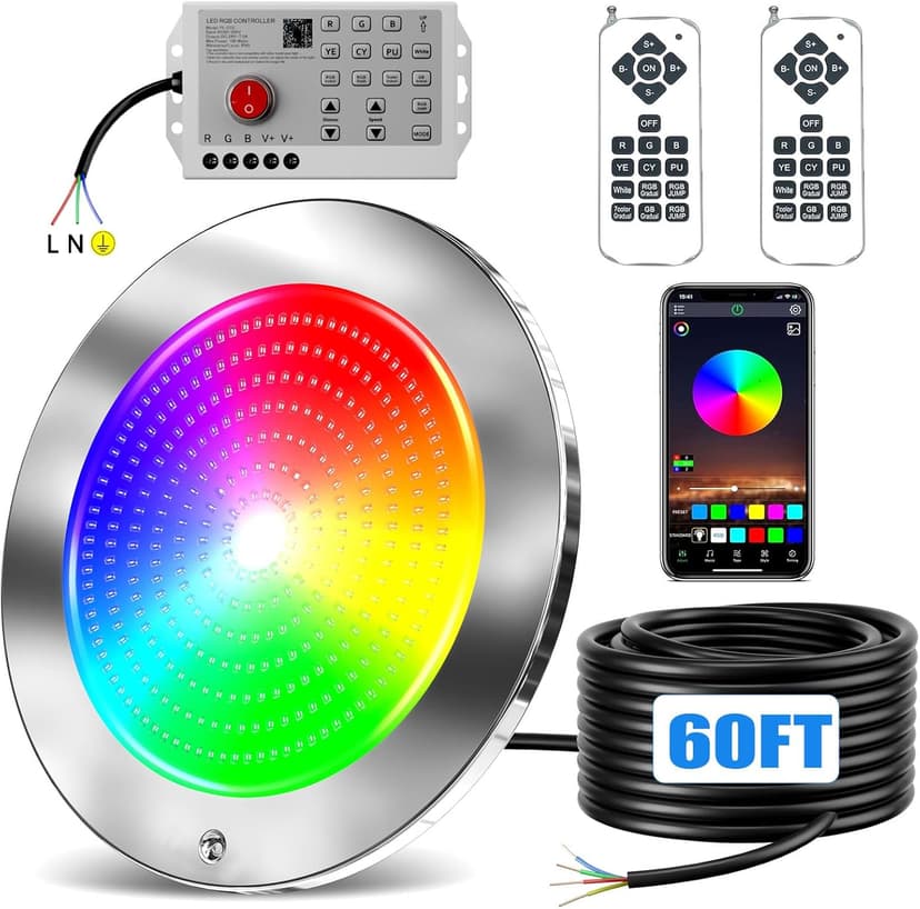 60ft Led Smart Pool Lights for Inground Pool with 3 Control Way (App/Remote/Controller), 54W 10 Inch Color Changing Underwater Swimming PoolLight for 10" Large Wet Niches