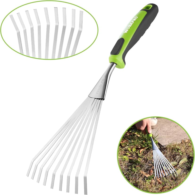 WORKPRO 16" Hand Rake, Heavy Duty Stainless Steel Garden Rake with Soft Handle, Small Garden Hand Tool for Gardening, Cultivating, Loosening Soil & Spreading Mulch, Flower Beds