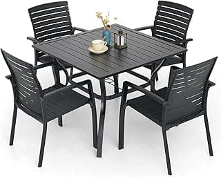 5-Piece Outdoor Patio Dining Set, 4 Stackable Aluminum/Plastic Chairs ＆ 35‘’Square Table, All Weather Frame Furniture Set - Black