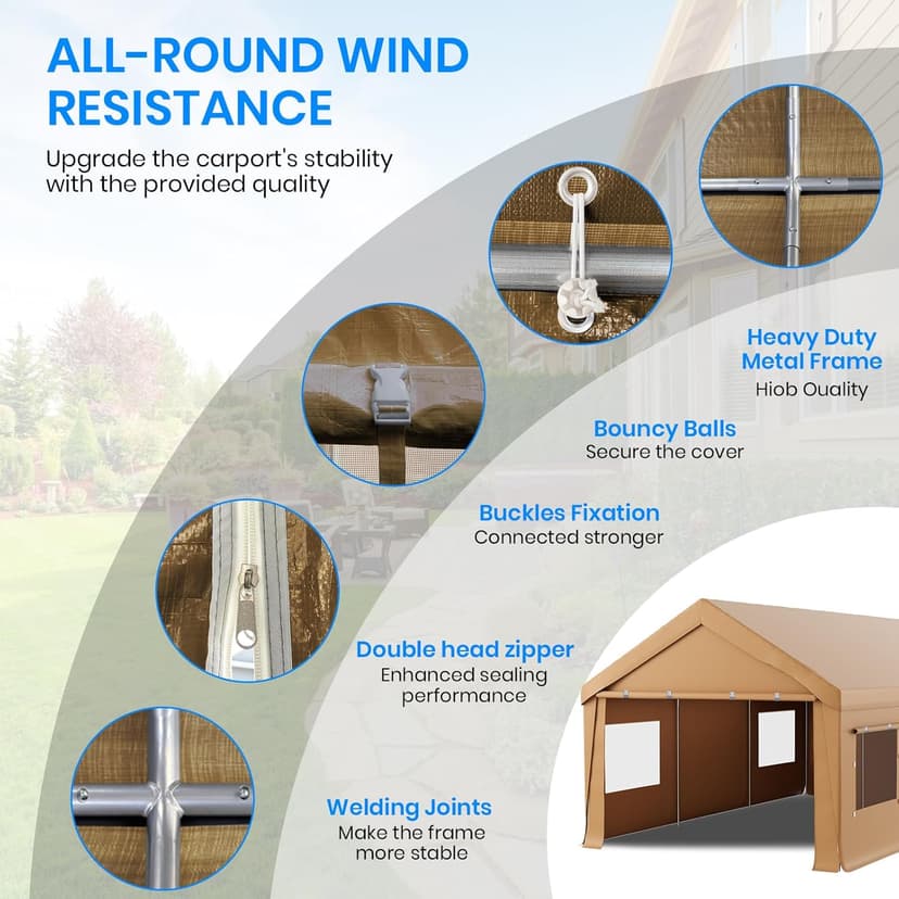 Carport 10x20 Heavy Duty Portable Garage,Carport Canopy with Roll-Up Windows & Doors,Portable Garage and Shelter with Removable Sidewalls,Car Tent Garage with All-Season Tarp for Truck Bike Lawnmower
