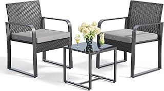 Gizoon 3 Piece Patio Bistro Set, Outdoor Wicker Furniture Sets, Modern Rattan Chair Conversation Sets with Coffee Table, for Yard, Garden, Balcony, Poolside, Grey