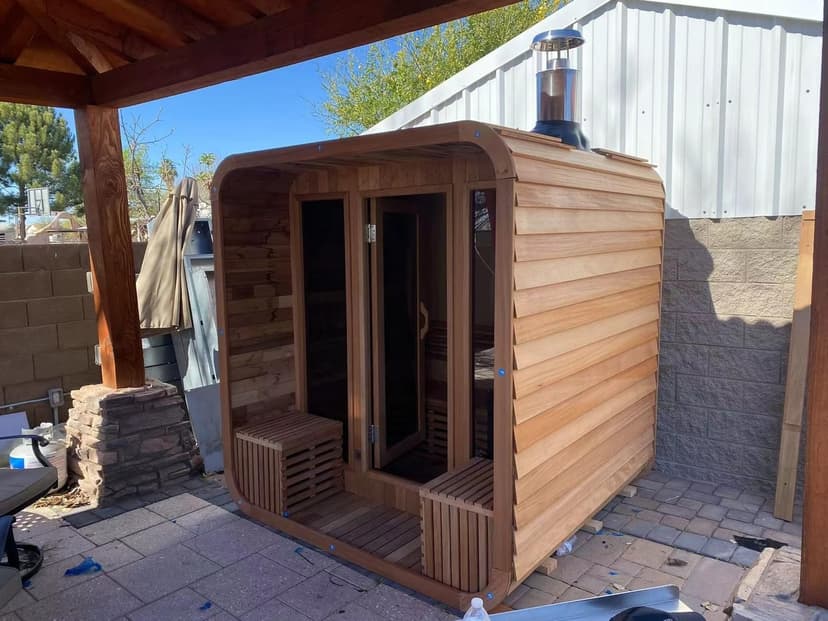 Customize Luxury Outdoor Sauna 6-10 Person, Canadian Hemlock, Red Cedar Sauna, Porch Option, Glass Window Option, Wood Burning Stove or Harvia Heater with Rocks, Extra Large Backyard Saunas (0-195 °F)