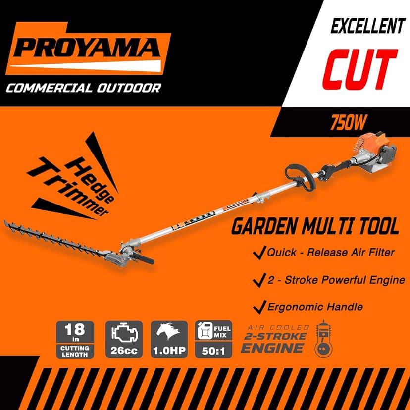 PROYAMA 26cc 6 in 1 Multi Functional Trimming Tools, Gas Hedge Trimmer, Weed Eater, String Trimmer, Brush Cutter, Edger, Pole Saw Chainsaw Pruner with Extension Pole
