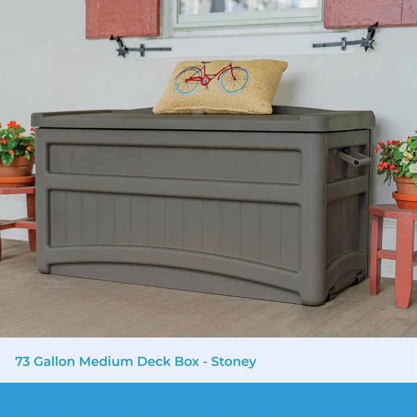 Suncast 73 Gallon Indoor/Outdoor Medium Deck Storage Box, 46"L x 23.62"W x 25.5"H, Stoney