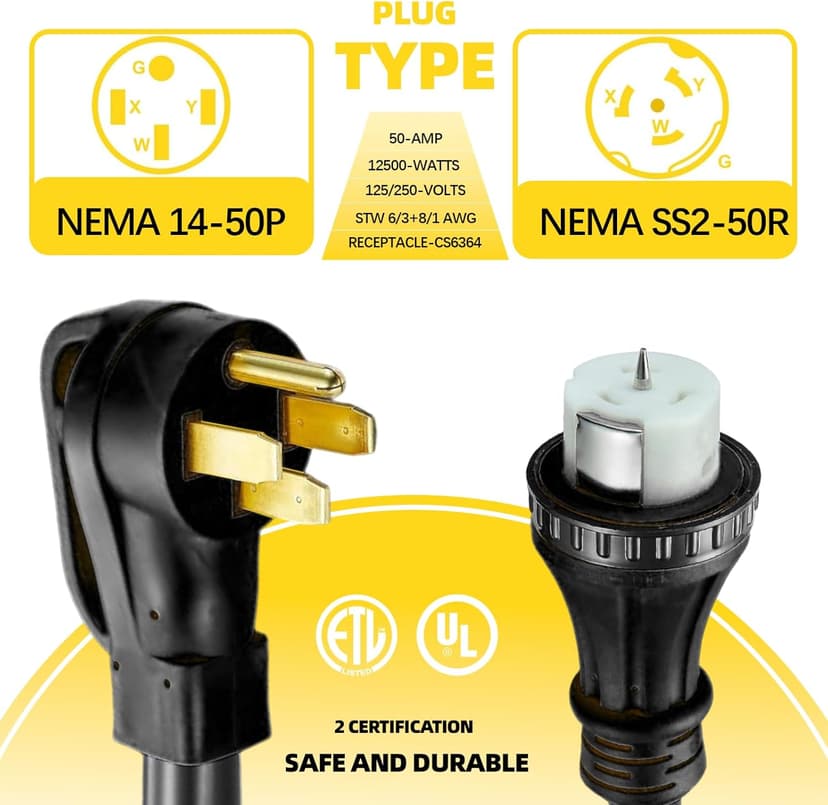 S7 50 Amp Generator Cord,13FT STW 6/3 + 8/1 14-50P to SS2-50R Twist Lock,Heavy Duty Cord with Organizer Lock Connectors