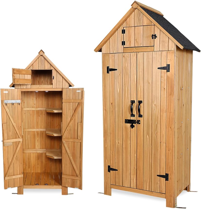 Wooden Outdoor Storage Shed with Double Doors,70” Tall Waterproof Storage Shed with Lock,Sheds & Outdoor Storage with Windproof Tipping for Deck,Backyard Garden and Yard