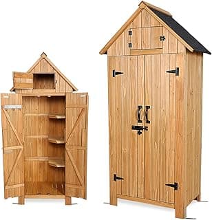 Wooden Outdoor Storage Shed with Double Doors,70” Tall Waterproof Storage Shed with Lock,Sheds & Outdoor Storage with Windproof Tipping for Deck,Backyard Garden and Yard