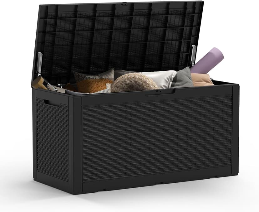 100 Gallon Waterproof Deck Box, Resin Outside Storage Box, Large Outdoor Storage Bin for Patio Furniture Cushions, Pool Supplies, Garden Tools, Weatherproof, Black