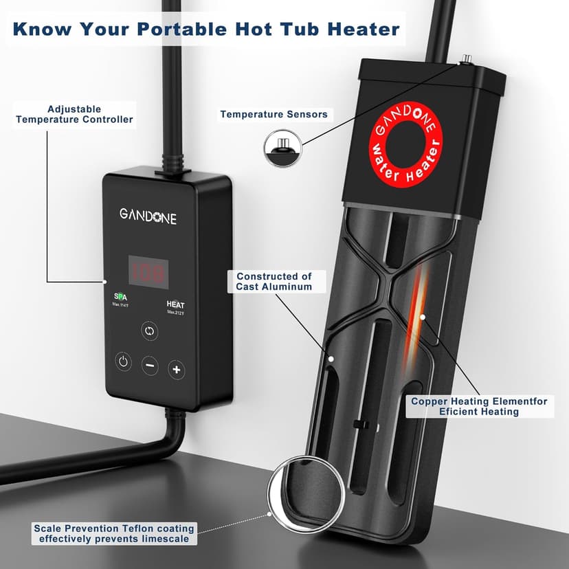 Dual Spa Water Heater, Portable Hot Tub Immersion Water Heater Cast Aluminum Submergible mit Temperature Sensor and Digital Display for Bathtub