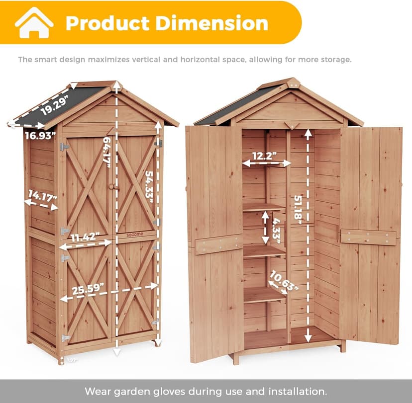 66" Outdoor Storage Shed with Double Doors, Large Wooden Capacity Storage Tool Cabinet Box with Waterproof Roof, Garden Wood Tool Shed for Yard Deck Lawn Farmland (Cherry)