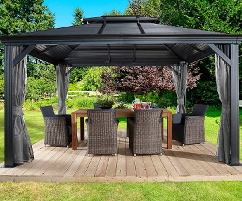 Sojag 10' x 12' Mykonos Double Roof Hardtop Gazebo Outdoor Weather-Resistant Aluminum Frame Sun Shelter Dark Grey