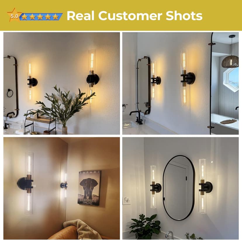Wall Sconces Set of Two, Black and Gold Bathroom Sconces Wall Lighting with Clear Glass, Modern Sconces Wall Decor Set of 2 Wall Light fixtures for Bathroom Mirror Living Room Hallway Bedroom